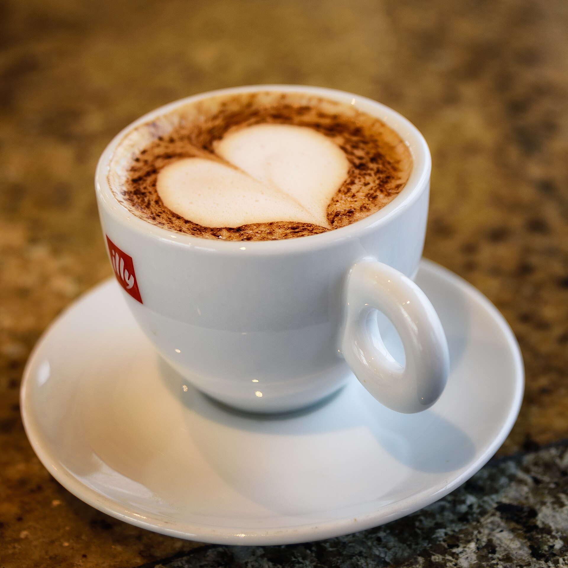 A source-identified cappuccino with a milk pattern and dusted topping. The cup logo does not imply endorsement; the photograph does not establish ingredient amounts.