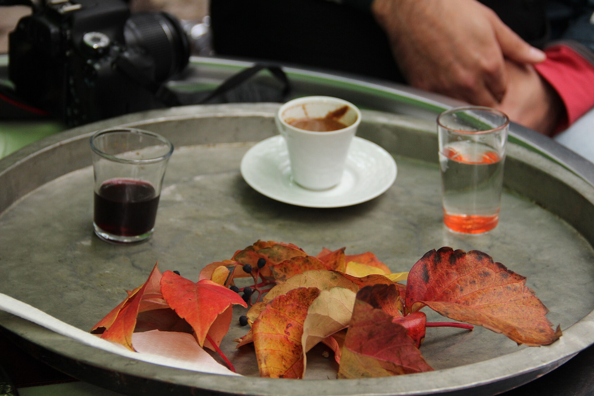 A source-identified Turkish coffee service in Safranbolu, with a small cup, water and tray. Brewing temperature and coffee dose cannot be determined from the image.