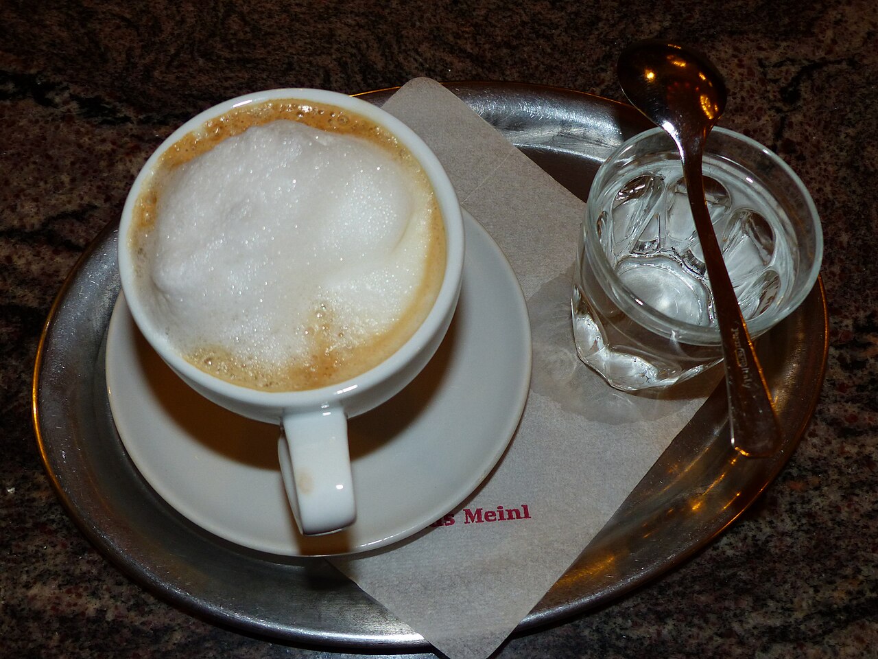 Source-identified Wiener Melange at Restaurant Bellaria in Vienna. The real café serving does not prove the tourism recipe’s proportions.