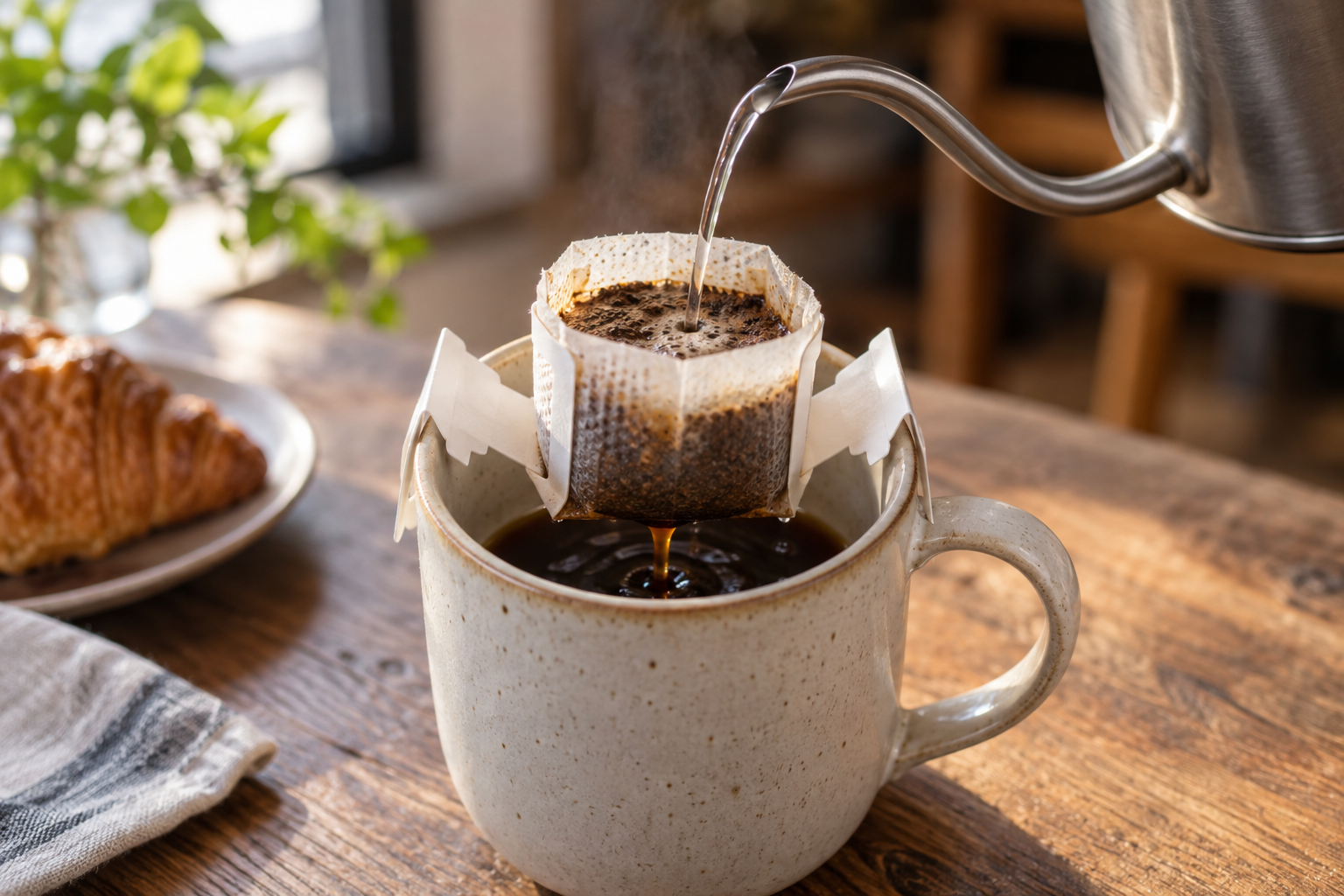 AI-generated facsimile: Suspended drip-bag coffee preparation