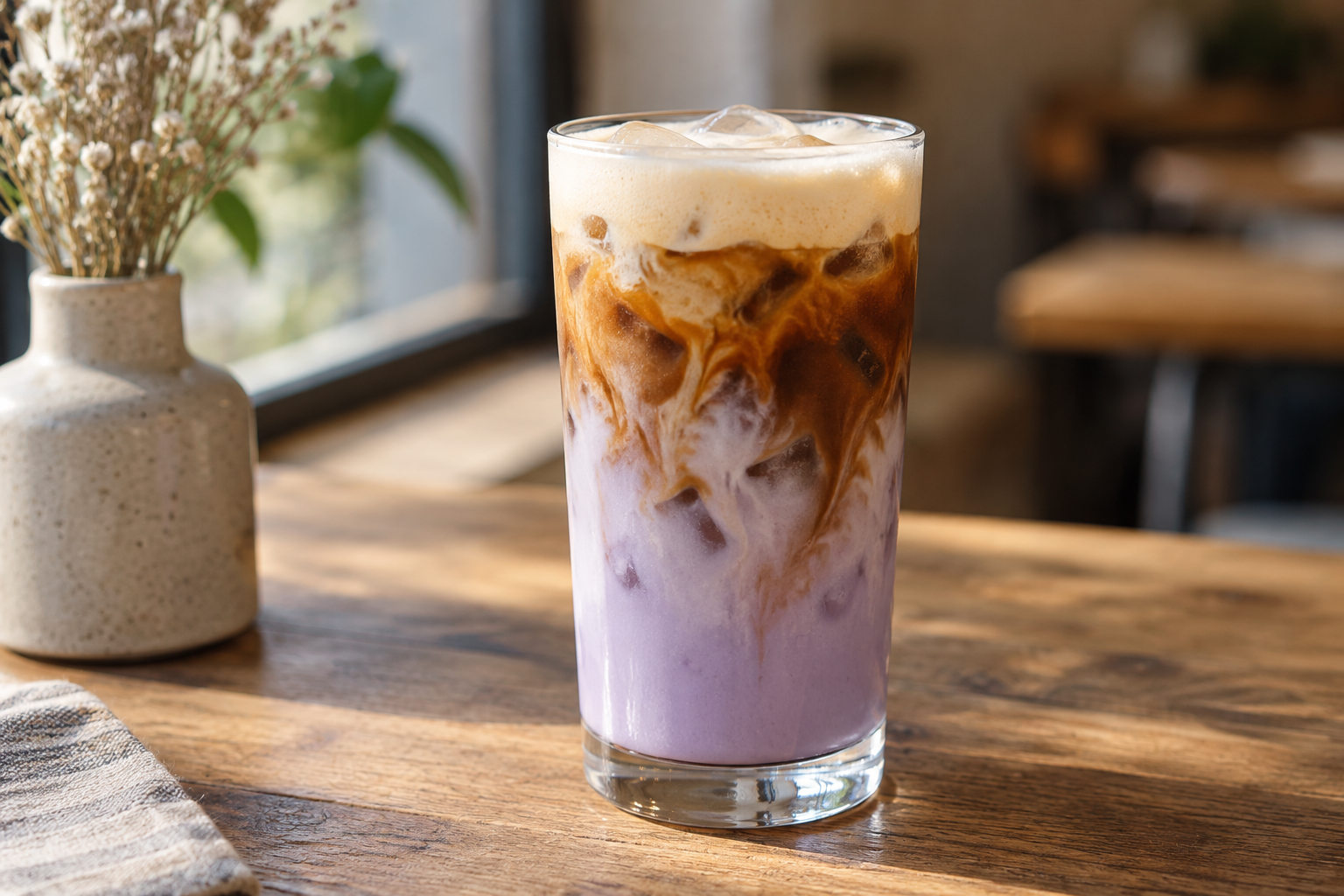 AI-generated facsimile: Imagined purple taro cold-brew float based on a published menu description